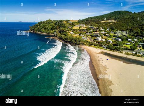 Aerial view of Hot Water Beach in Coromandel Peninsula, New Zealand ...