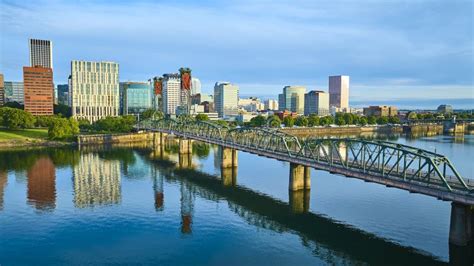 Aerial View of Portland Oregon Skyline with Hawthorne Bridge at Dusk ...