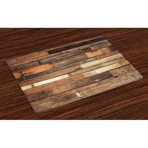 Wooden Placemats Set of 4 Rustic Floor Planks Print Grungy Look Farm House Country Style Walnut ...