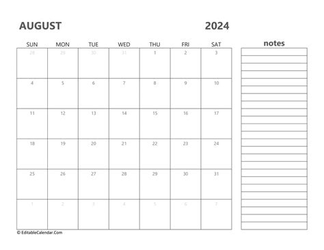 Download 2024 August Calendar Printable (Word Version)