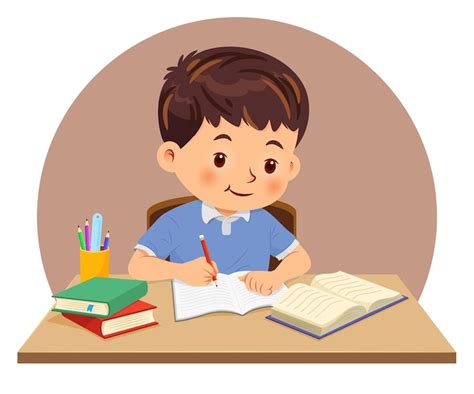 Premium Vector | Little boy doing homework by read and writing on his desk Vector illustration