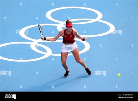 Tokyo, Japan, 29 July, 2021. Belinda Bencic of Team Switzerland hits a ...