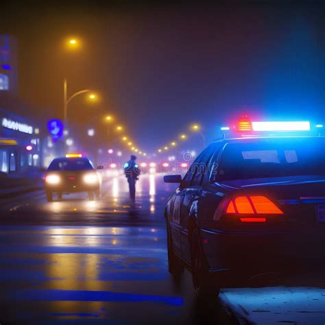 Police Car Lights at Night in City with Selective Focus and Bokeh Stock ...