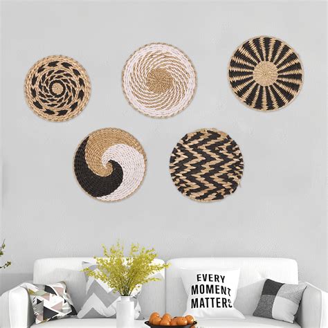 Ktcina Woven Wall Basket Decor Hanging Natural Woven Rattan Baskets Wall Decor Round Boho Wall ...