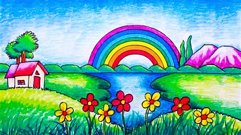 How to draw easy rainbow scenery step by step | How to draw easy scenery | simple scenery ...