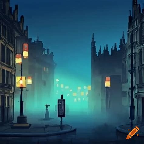 Pixel art of foggy medieval streets of london on Craiyon