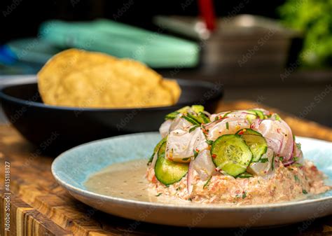 ceviche de pescado fresco con leche de tigre chiles cebolla y pepino persa Stock Photo | Adobe Stock