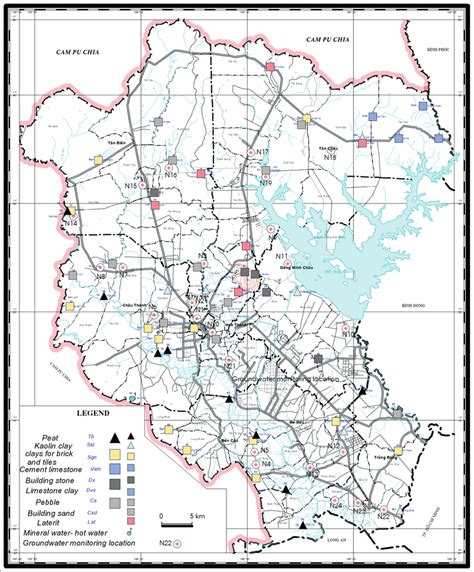 Map of mineral deposits in Tay Ninh province (DGMVN, 2006). | Download Scientific Diagram