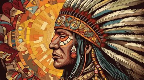 Native American With Feathers And A Sun Background, Picture Of Native American Art, Indian ...