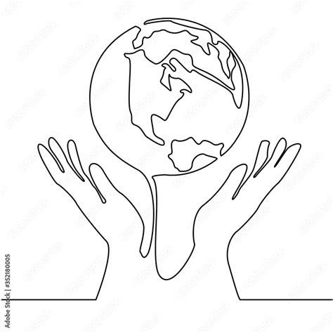 continuous line drawing of two hands holding the globe on the palm of ...