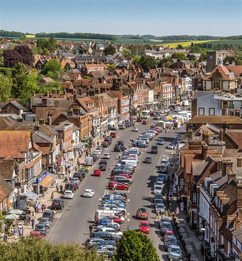 The historic High Street of Marlborough, Wiltshire from the tower of St ...