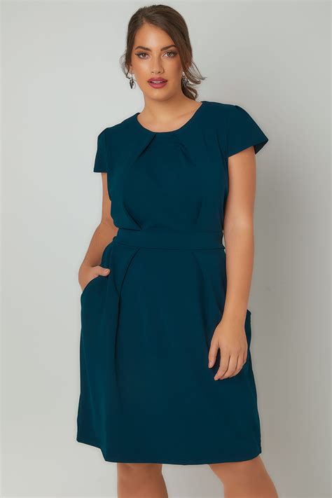 BLUE VANILLA CURVE Teal Blue Shift Dress With Pockets, Plus size 18 to 28