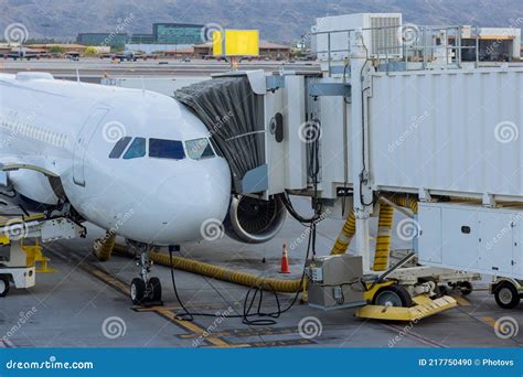 Boarding Bridge Jetway Connected To the Airplane for Boarding Passengers Stock Photo - Image of ...