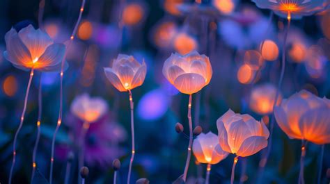 blue flowers at night, glowing flowers, neon nature photography, magical garden, fantasy flora ...