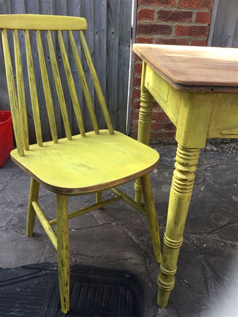 Table and chair painted in Autentico yellow tan with dark wax and lots of distressing. Exterior ...
