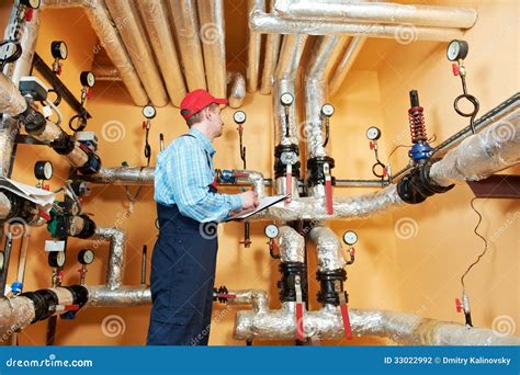 Heating Engineer Repairman in Boiler Room Stock Photo - Image of house ...