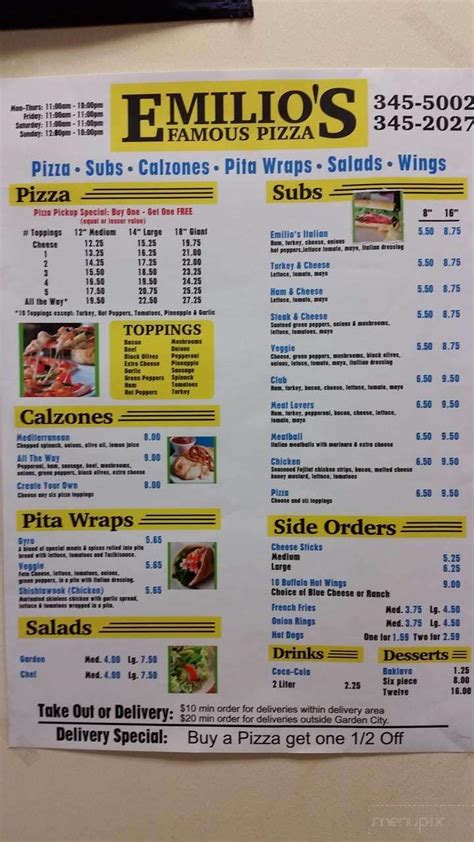 Menu of Emilio's Famous Pizza in Roanoke, VA 24013