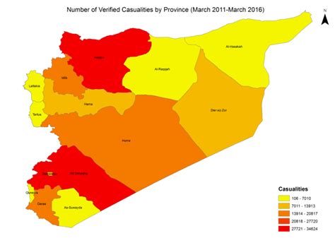 Cumulative verified Syrian war casualties by province (Mar 2011-Mar 2016) | Download Scientific ...