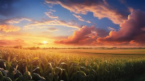 Premium AI Image | a corn field with a sunset in the background