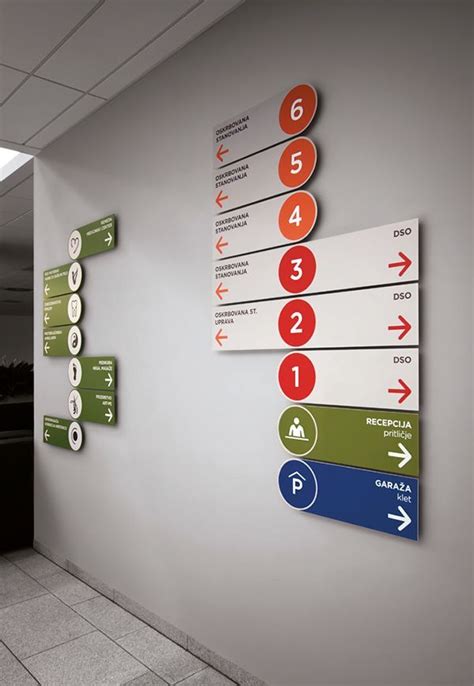 Interesting signage system with directions for wayfnding with directional arrows on sign ...