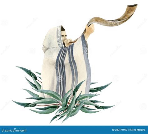 Yom Kippur Shofar Blowing By Jewish Man In Talit On Rosh Hashanah With ...