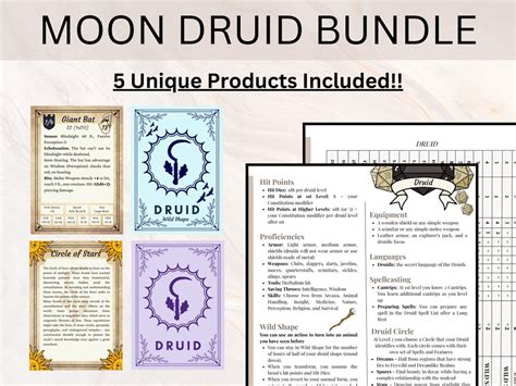 MOON DRUID BUNDLE Dnd Moon Druid Druid Spell Cards Wild Shape Ability Cards Druid Cheat Sheet ...