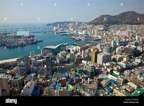 Korea, Gyeongsangnam-do, Busan, View of harbour and Jalgalchi fish ...