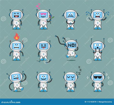 Set of Cute Robot Character in Different Poses and with Various Emotions. Stock Vector ...