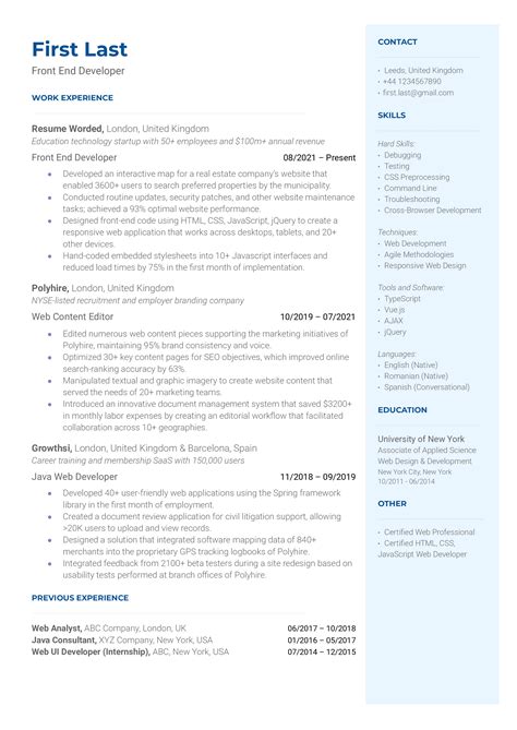 11 Front End Developer CV Examples for 2024 | Resume Worded