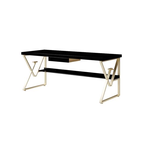 Modern Black Writing Desk with Drawer & Shelf Wood Top & Metal Frame ...