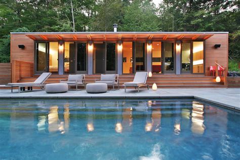 Modern Modular Prefab Pool House | Connecticut | Cedar Siding Sliding Doors Screen Railing ...