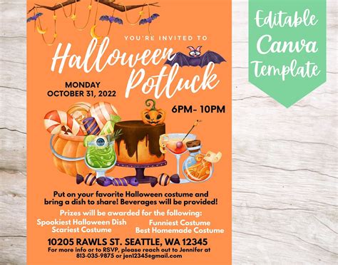 Editable and Printable Cute Halloween Potluck Invitation Flyer Template, Instant Download ...