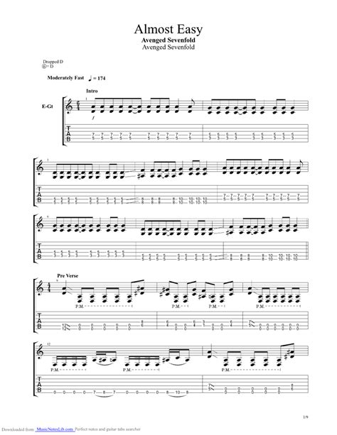 Almost Easy guitar pro tab by Avenged Sevenfold @ musicnoteslib.com