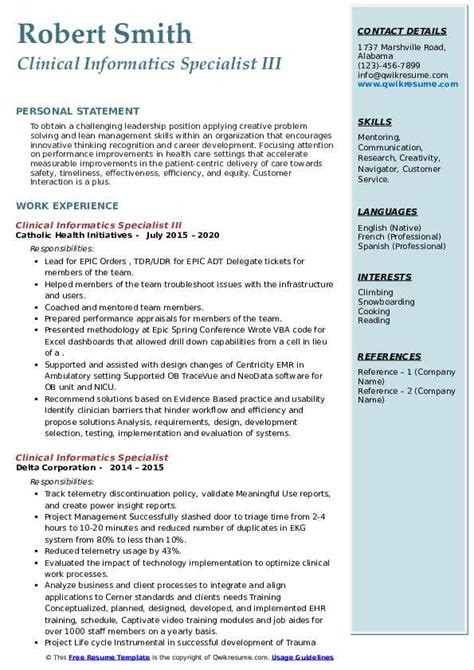 Clinical Informatics Specialist Resume Samples | QwikResume