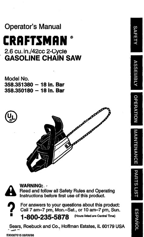 Craftsman 358350180 User Manual GAS CHAINSAW Manuals And Guides 98110065