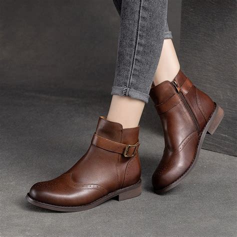 Women Classic Patchwork Leather Flat Boots | Leather ankle boots, Flat ...