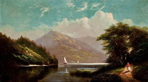 Landscape with Mountain Lake and Figures Painting by 19th Century American School