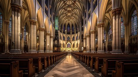 The Inside Of A Large Cathedral With Tall Pews In The Center Background ...