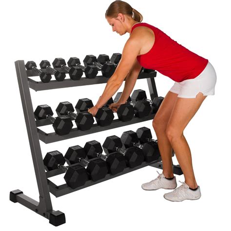 XMark Fitness Deluxe Three Tier Dumbbell Rack with Easy Reach Tilted ...