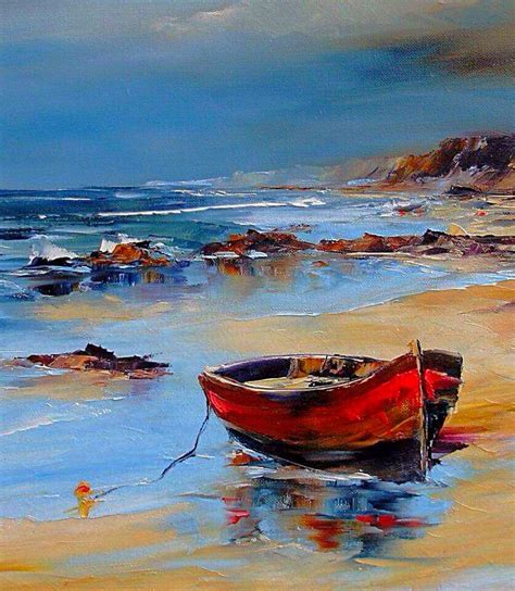 Red Fisherman's Boat On The Shores Of The Mediterranean Sea | Sailboat painting, Sunset painting ...