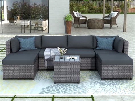 7 Piece Patio Furniture Set with 4 Rattan Wicker Chairs, 2 Ottoman, Coffee Table, All-Weather ...
