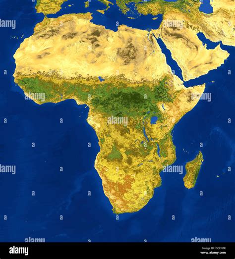 AVHRR natural colour satellite image of Africa and the Arabian Peninsula with shaded topographic ...