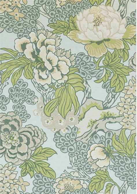 Aqua green floral curtains THIBAUT curtains large floral curtain panels jacobean drapes oriental ...