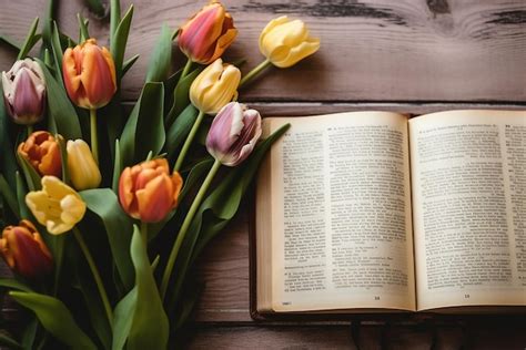 Premium AI Image | Open Bible with Tulip Flowers on Light Wood Created ...