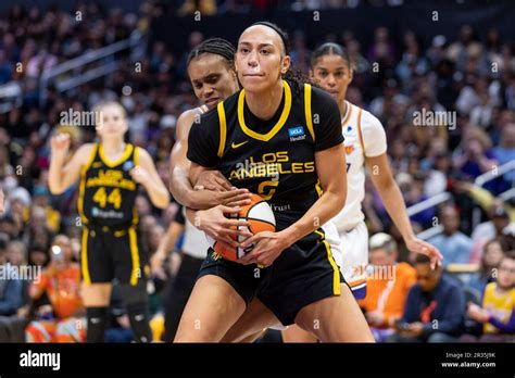 Los Angeles Sparks forward Dearica Hamby (5) grabs a rebound - oggsync.com