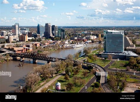 Aerial of The I Street Bridge over the Sacramento River with the ...