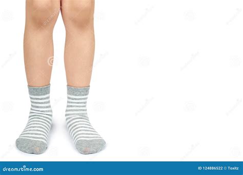 Kid Legs in Striped Socks Isolated on White Background, Copy Space ...