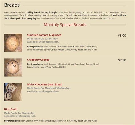 Great Harvest Bread Co Menu, Menu for Great Harvest Bread Co, Sugar ...