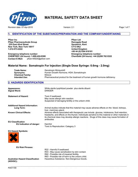 MATERIAL SAFETY DATA SHEET - Pfizer