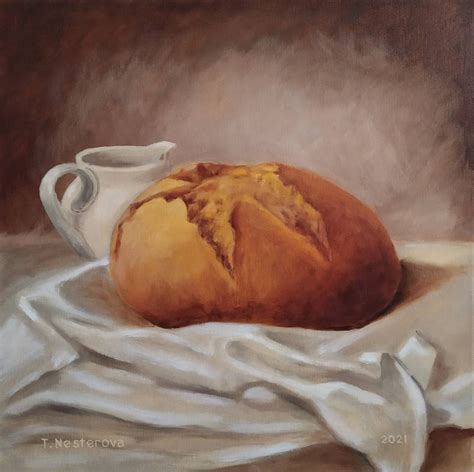 Bread painting. Still life with bread and milk jug. Original | Etsy